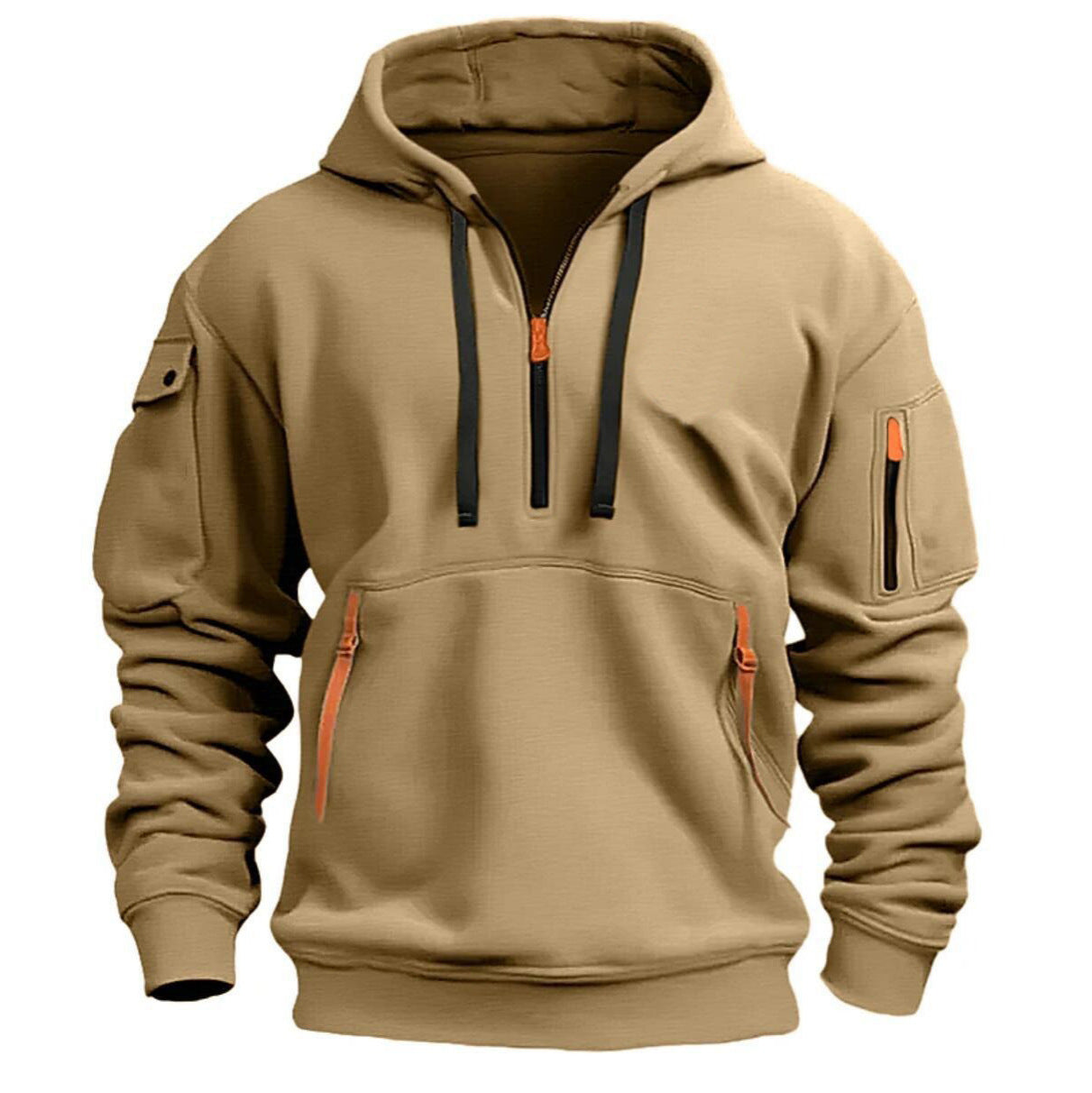 Tan men's hoodie with black drawstrings, front zipper, and zippered pockets on sleeves and front