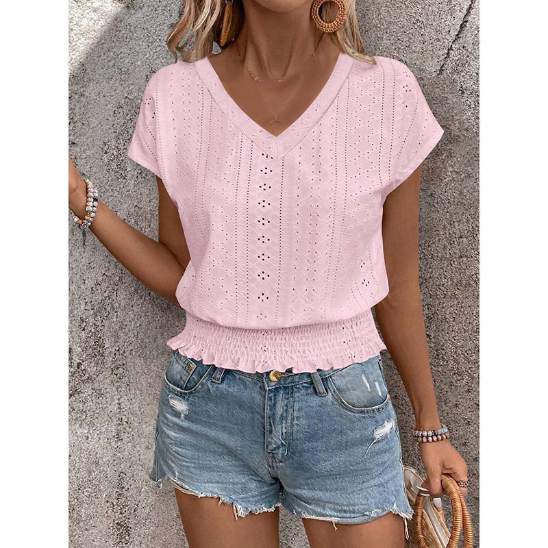 Women Summer Eyelet Top - Casual V Neck Blouse With Smocked Elastic Hem