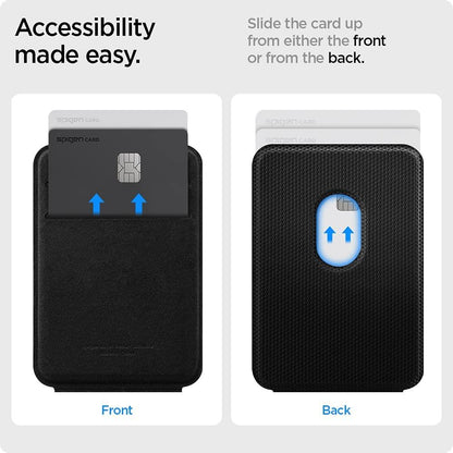 Black Spigen card holder showing card sliding up from front and back for easy access with textured grip