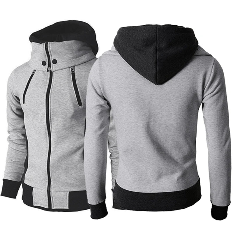 Gray and black zip-up hoodie with high collar, front and back views, casual men's jacket