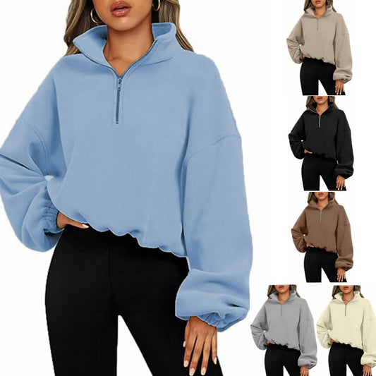 Women Pullover Hoodie - Thick Warm Zipper Hoodie With Stand Collar Sweatshirt