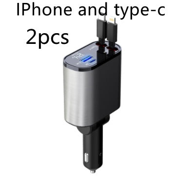 Dual USB car charger adapter with iPhone and Type-C cables plugged in, sleek silver design