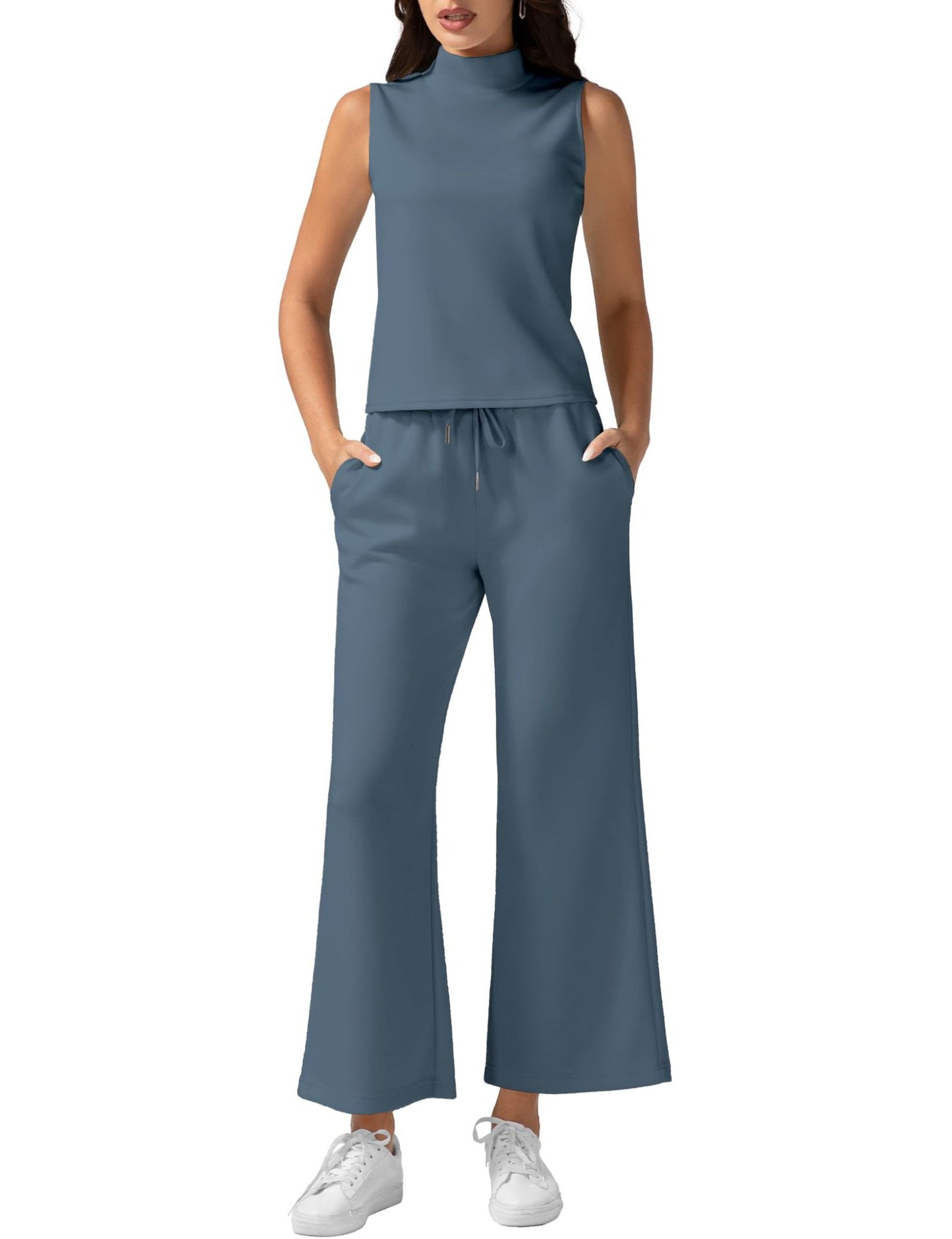 Women's Vest Pants Set - Wide Leg Cropped Pants & Sleeveless Vest Top