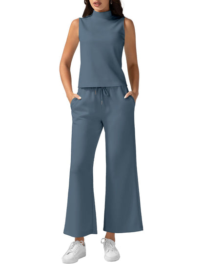 Women's Vest Pants Set - Wide Leg Cropped Pants & Sleeveless Vest Top