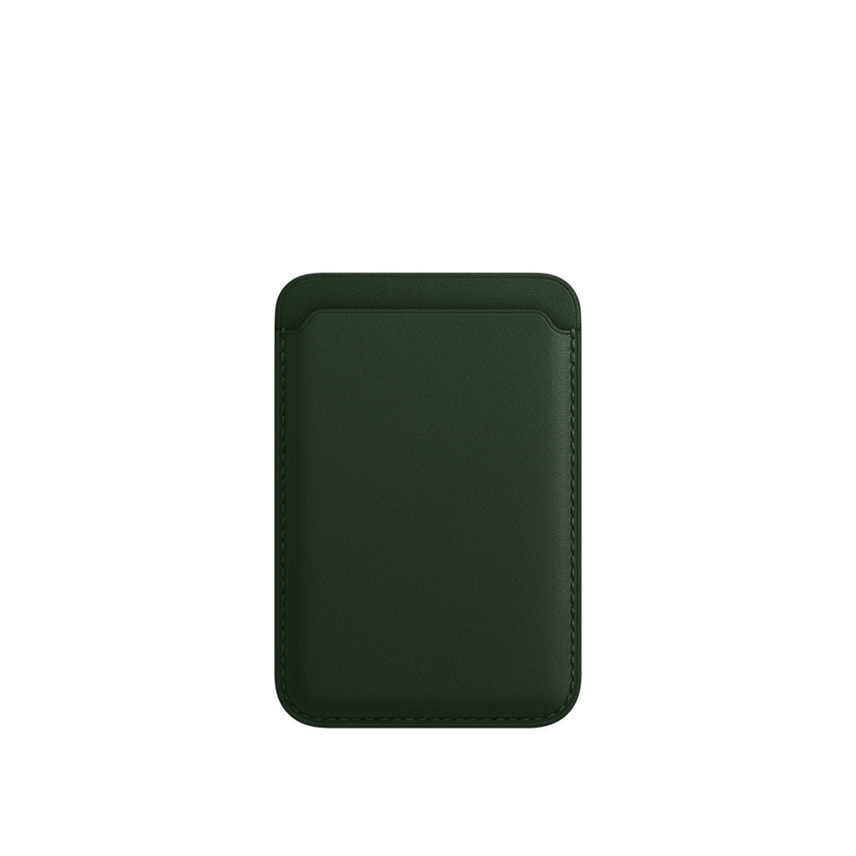 Dark green leather minimalist card holder with stitched edges on white background