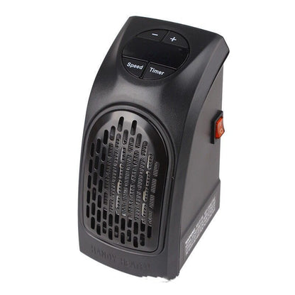 black portable electric space heater with speed and timer buttons, front vent grill, and side power switch