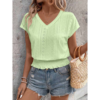 Women Summer Eyelet Top - Casual V Neck Blouse With Smocked Elastic Hem