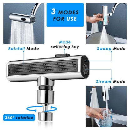 Chrome faucet filter with 3 water modes: Rainfall, Sweep, and Stream, featuring 360° rotation