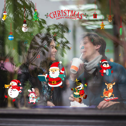 Young man and woman enjoying drinks indoors with Christmas holiday decorations and festive cartoon stickers