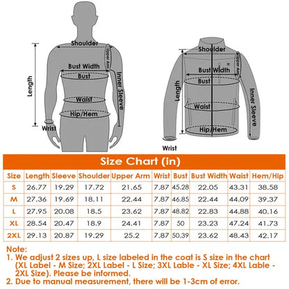 Men's jacket size chart with body measurement diagram and detailed size conversions in inches
