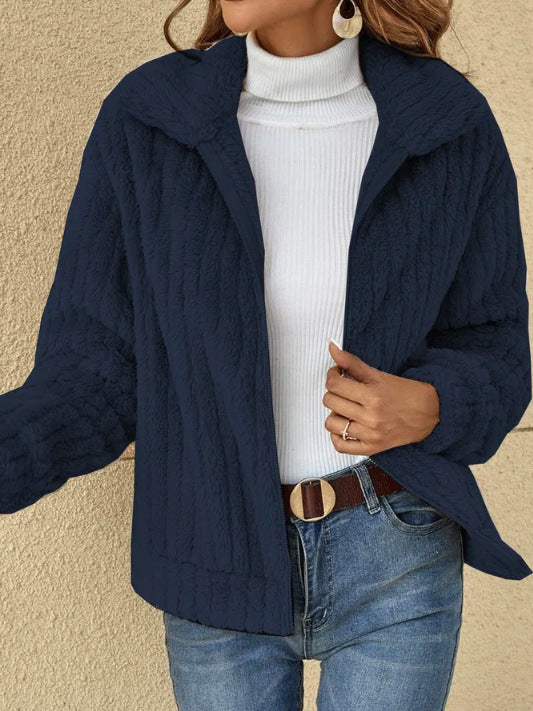 Fleece Cropped Jacket – Women's Warm Winter Coat With Lapel Collar