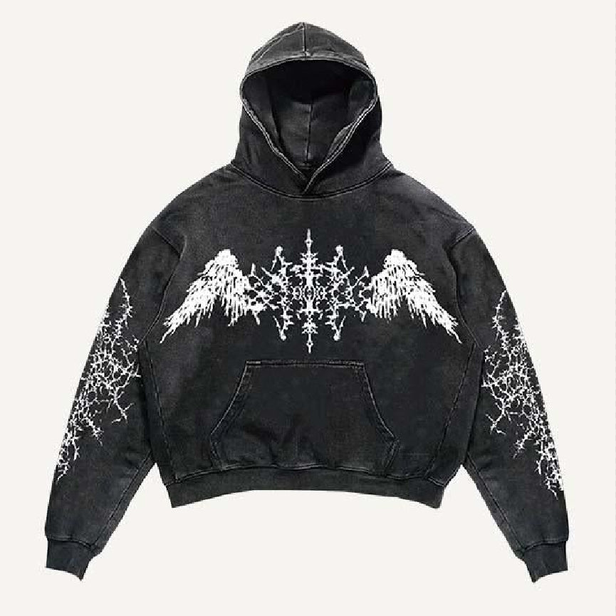 Black cropped hoodie with white angel wings and intricate symmetrical design on chest and sleeves