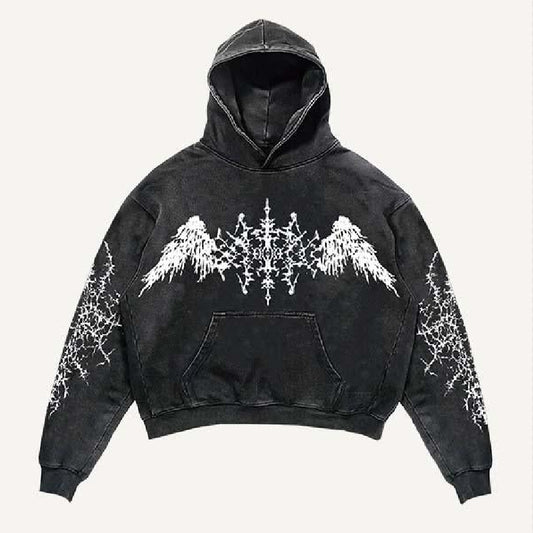 Black cropped hoodie with white angel wings and intricate symmetrical design on chest and sleeves