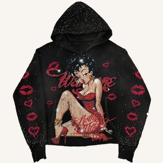 Black hoodie featuring glittery Betty Boop illustration in red dress with red lips and hearts design