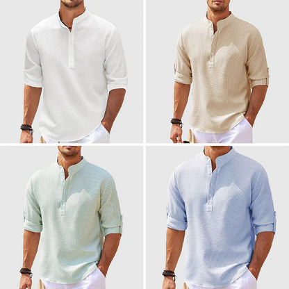 Men's casual long-sleeve henley shirts in white, beige, light green, and light blue with rolled sleeves