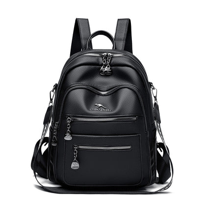 Black textured leather backpack with multiple zippered compartments and adjustable straps