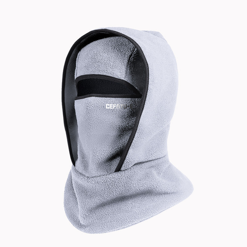 Light gray fleece balaclava with black trim and face covering for cold weather protection
