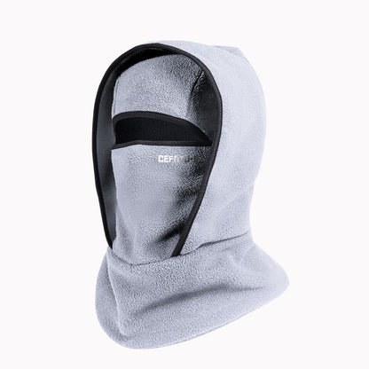 Light gray fleece balaclava with black trim and face covering for cold weather protection