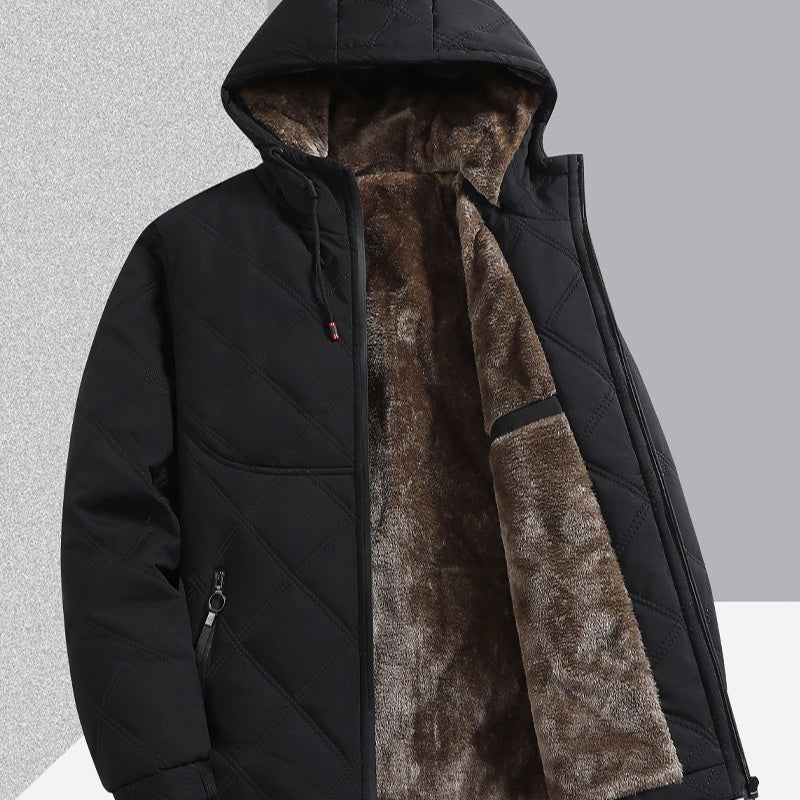 Black quilted hooded jacket with brown faux fur lining and zippered pockets