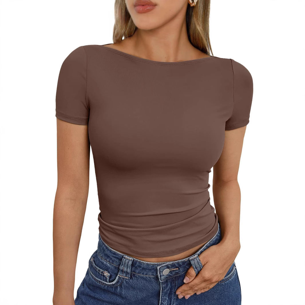 Slim Fit Tops - Round Neck Short Sleeve Polyester Pullover For Street Fashion