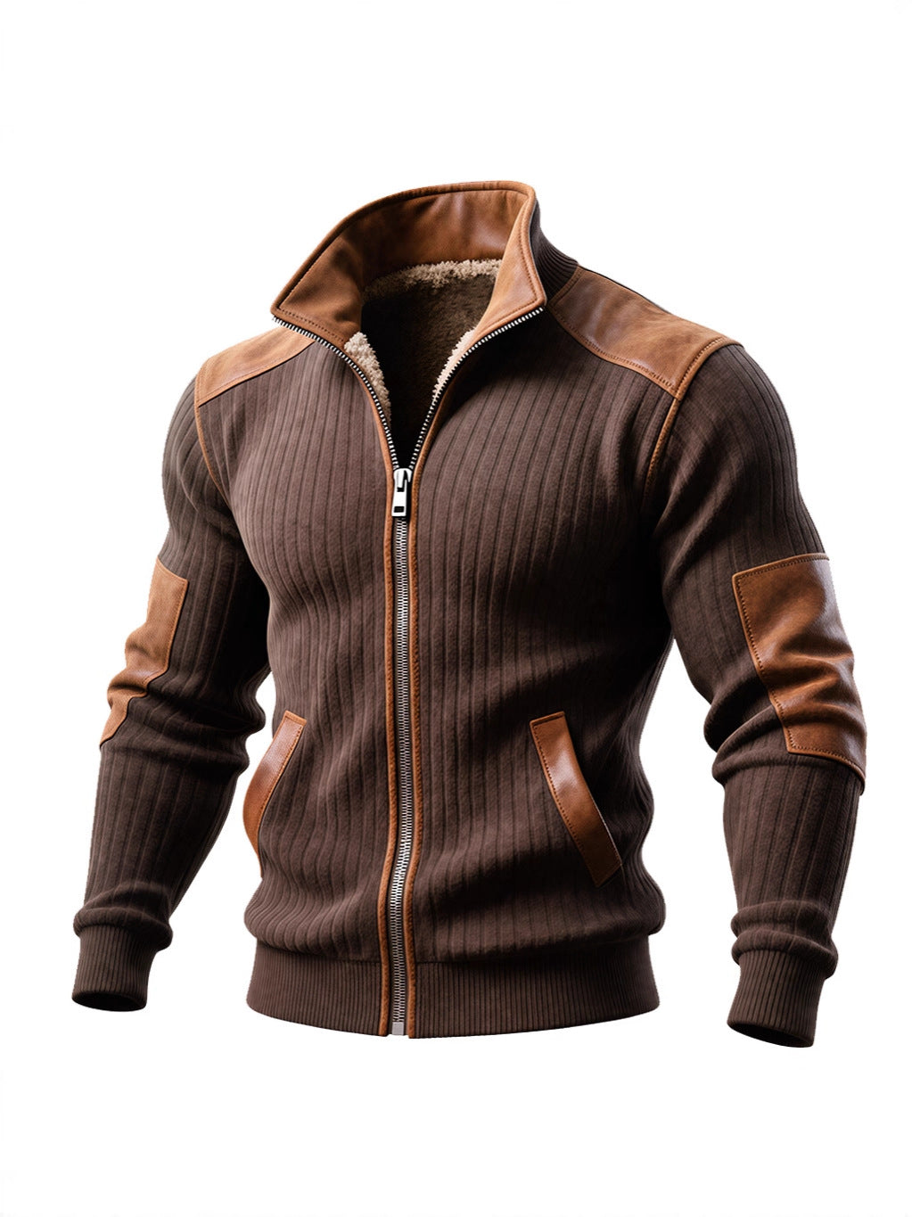 Brown ribbed zip-up jacket with leather patches on shoulders, elbows, and pockets, fleece lining
