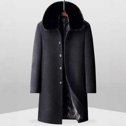 Men's dark gray wool coat with black fur collar and button closure, displayed on hanger
