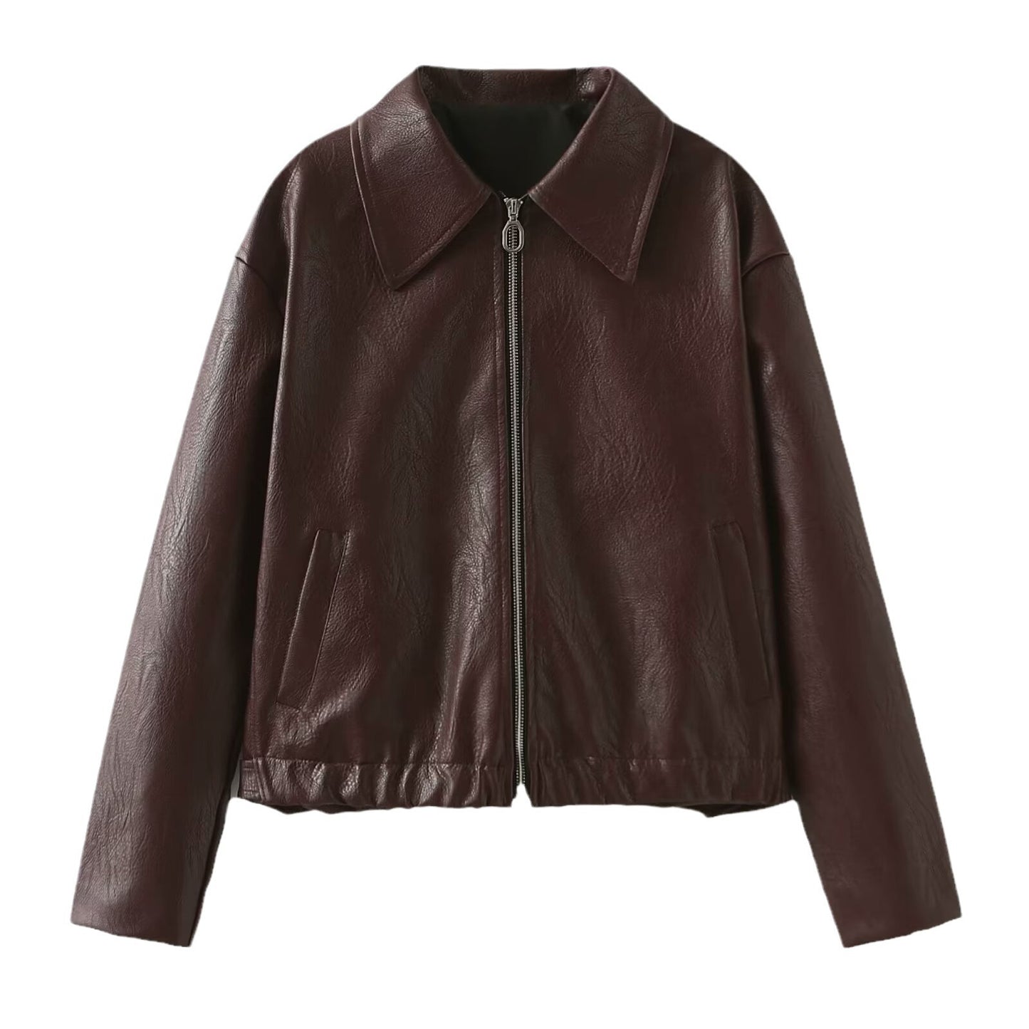 Leather Zipper Jacket | Women's Casual Lapel Coat | Burgundy & Black