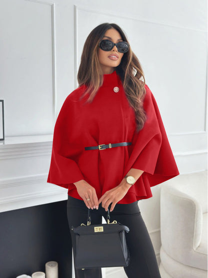 Stand Collar Cloak - Batwing Sleeve Jacket With Belted Woolen Sweater Outwear
