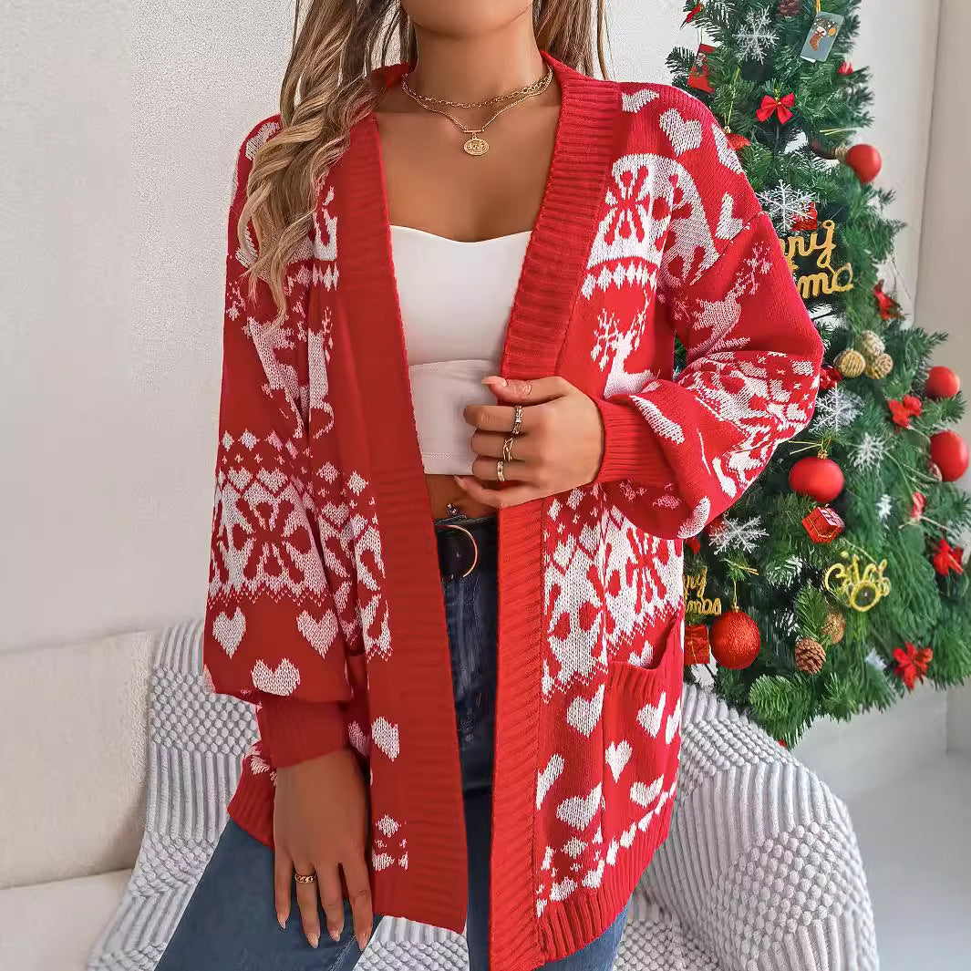 Christmas Cardigan Sweater - Women's Lantern Sleeve Knitwear With Festive Deer Print