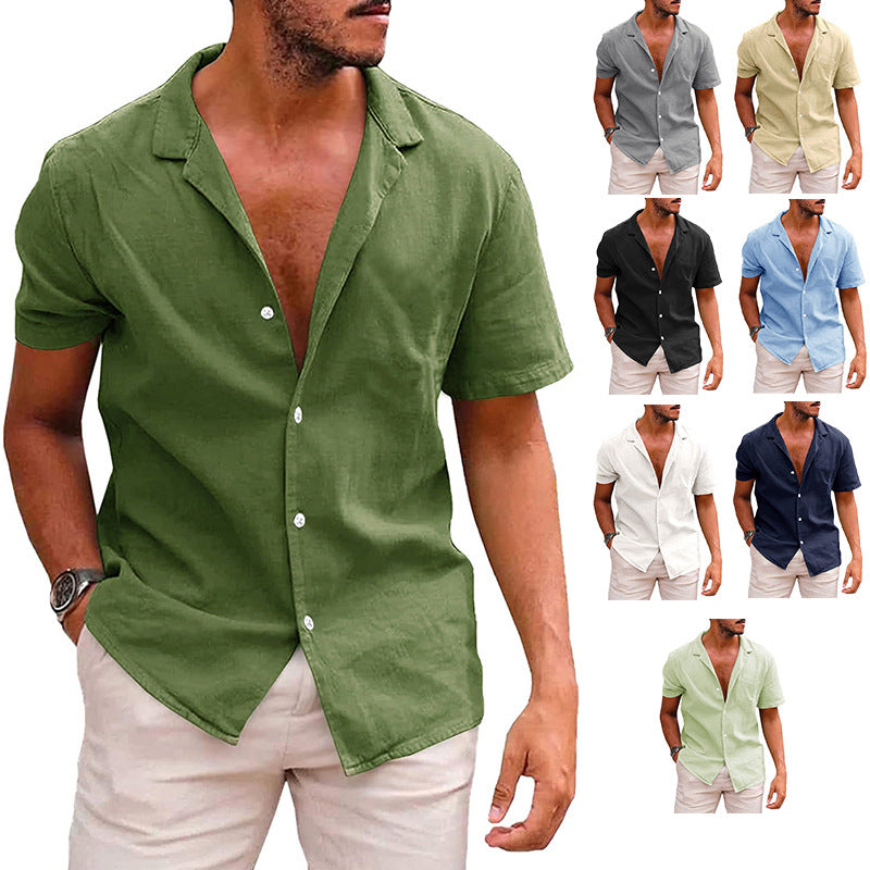 Man wearing casual short-sleeve button-up linen shirt in olive green with beige shorts, seven color options