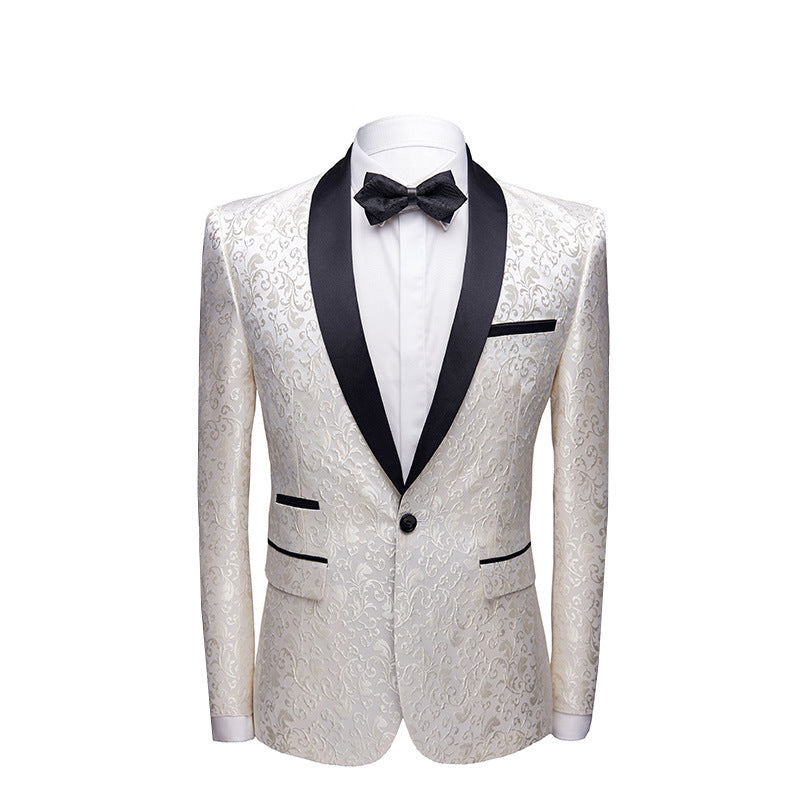 Elegant white floral patterned tuxedo jacket with black satin shawl lapel, black bow tie, and white dress shirt