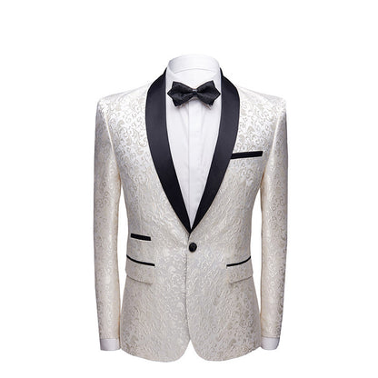 Elegant white floral patterned tuxedo jacket with black satin shawl lapel, black bow tie, and white dress shirt