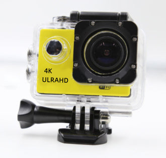 Yellow 4K Ultra HD action camera in clear waterproof case with mounting accessory