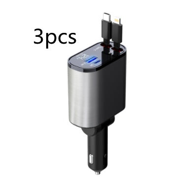 3pcs car charger with dual USB ports and digital display showing voltage