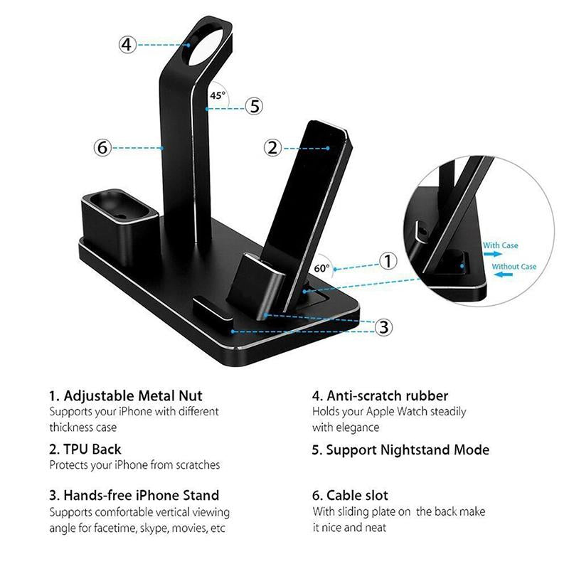 Black multi-device charging stand for iPhone and Apple Watch with adjustable nut, TPU back, anti-scratch rubber, and cable slot