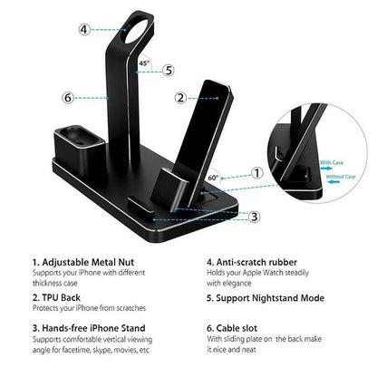 Black multi-device charging stand for iPhone and Apple Watch with adjustable nut, TPU back, anti-scratch rubber, and cable slot