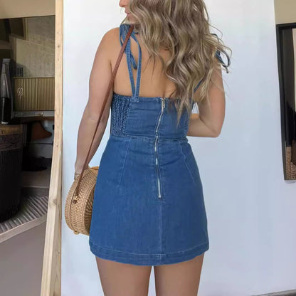 Denim Suspender Dress – Slim Fit Sleeveless Summer Mini Dress With Back Zipper