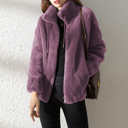 Warm Fleece Sweater Double Faced High Neck Cardigan For Women - Loose Fit