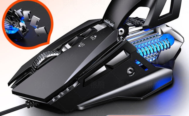 High-tech black gaming mouse with blue LED springs, adjustable DPI and ergonomic design