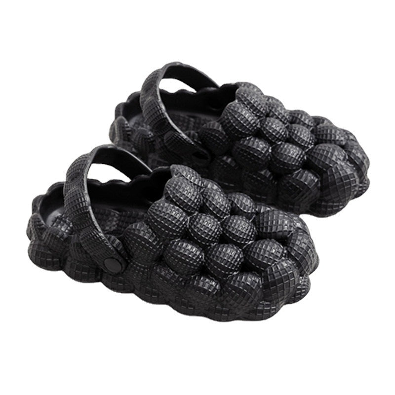 Black bubble textured clog sandals with adjustable back straps, rubber casual slip-ons