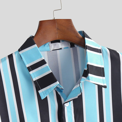 Men Stripe Shirts - Blue Polyester Casual Daily Wear, Relaxed Fit
