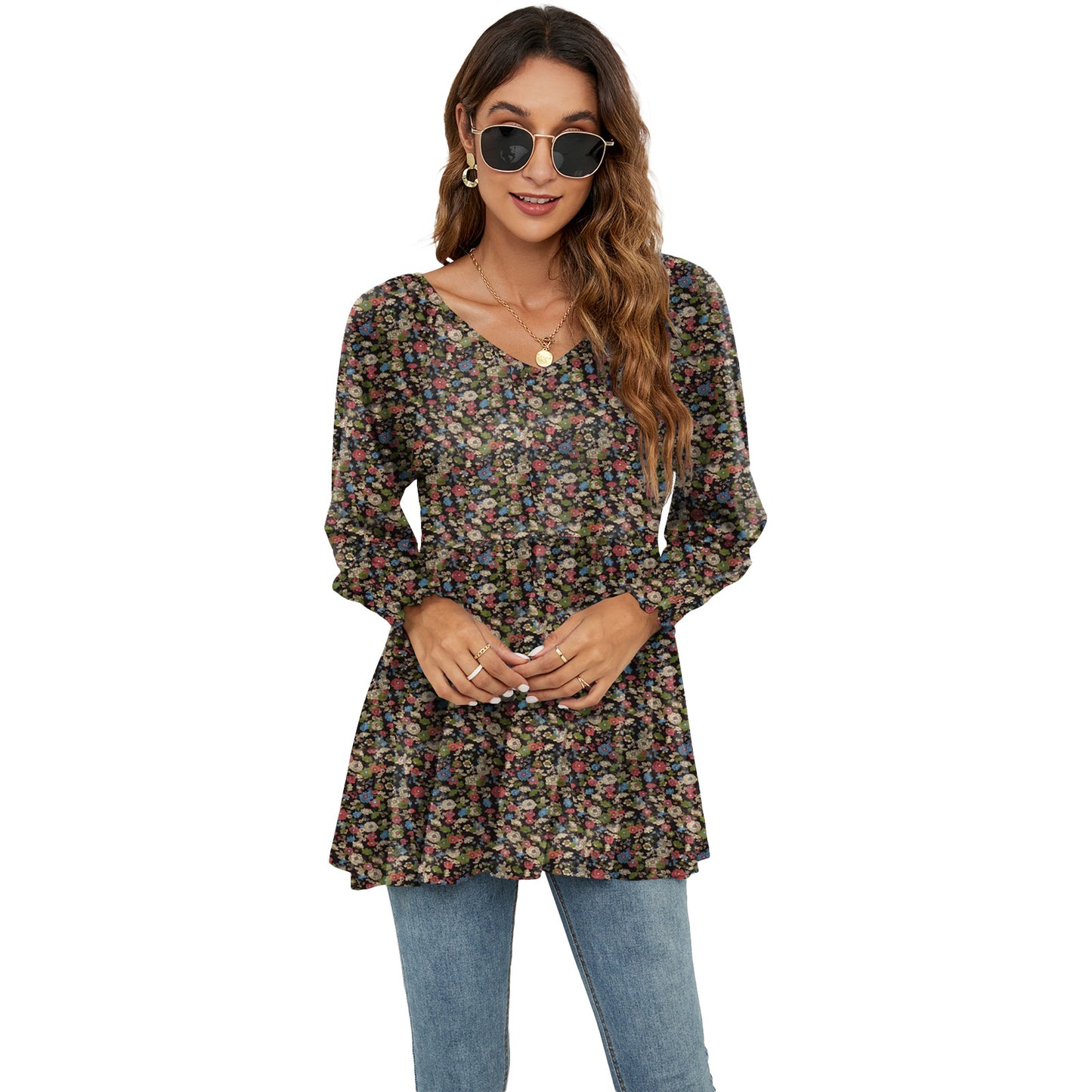 Long Puff Sleeve Tops Women’s Floral Blouse | Casual V Neck Shirt | Cotton Babydoll Tee