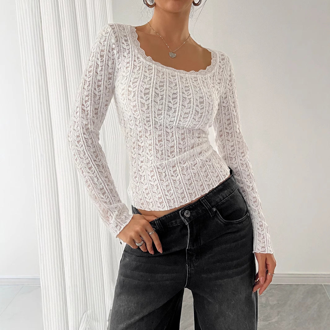 Lace Slim T-Shirt Women U-Neck Long Sleeve Elegant Lace Detailed Top