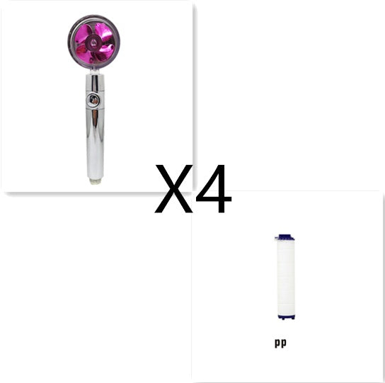 Set of 4 chrome handheld water spa shower heads with pink fan and 4 white water filter cartridges