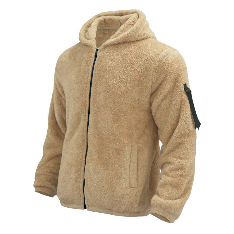 Beige fluffy fleece hoodie jacket with front zipper and side pockets, cozy winter wear