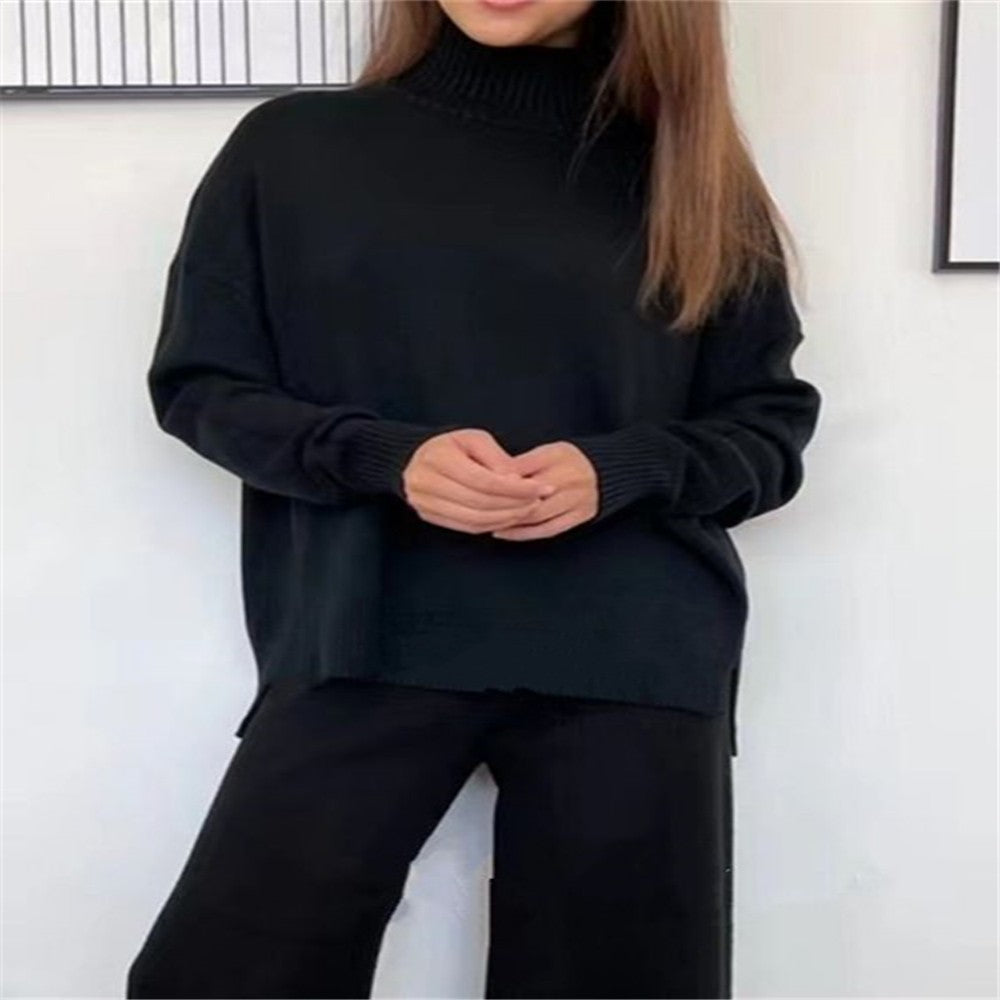 Knitted Tracksuit Set - Women's Two Piece Clothing With Turtleneck Sweater & Pants