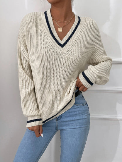 Cable Knit Sweater Women’s Winter V Neck Striped Pullover Top – Cozy Casual Jumper