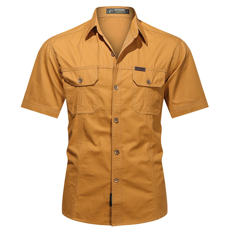 Men's short-sleeve mustard button-up shirt with dual chest pockets and outdoor label