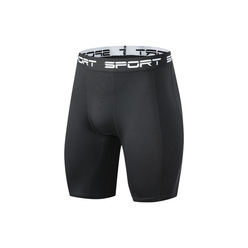 Black compression sport shorts with white elastic waistband featuring SPORT text