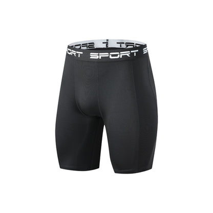 Black compression sport shorts with white elastic waistband featuring SPORT text